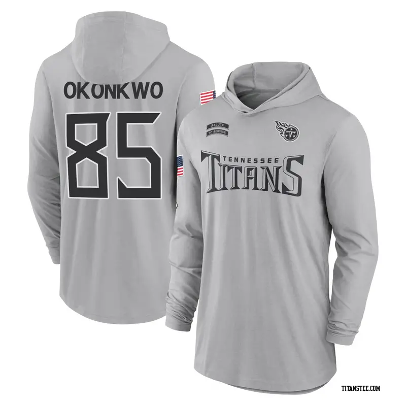 Men's Tennessee Titans ＃85 Chig Okonkwo Gray 2024 Salute to Service Lightweight Performance Long Sleeve Hooded T-Shirt