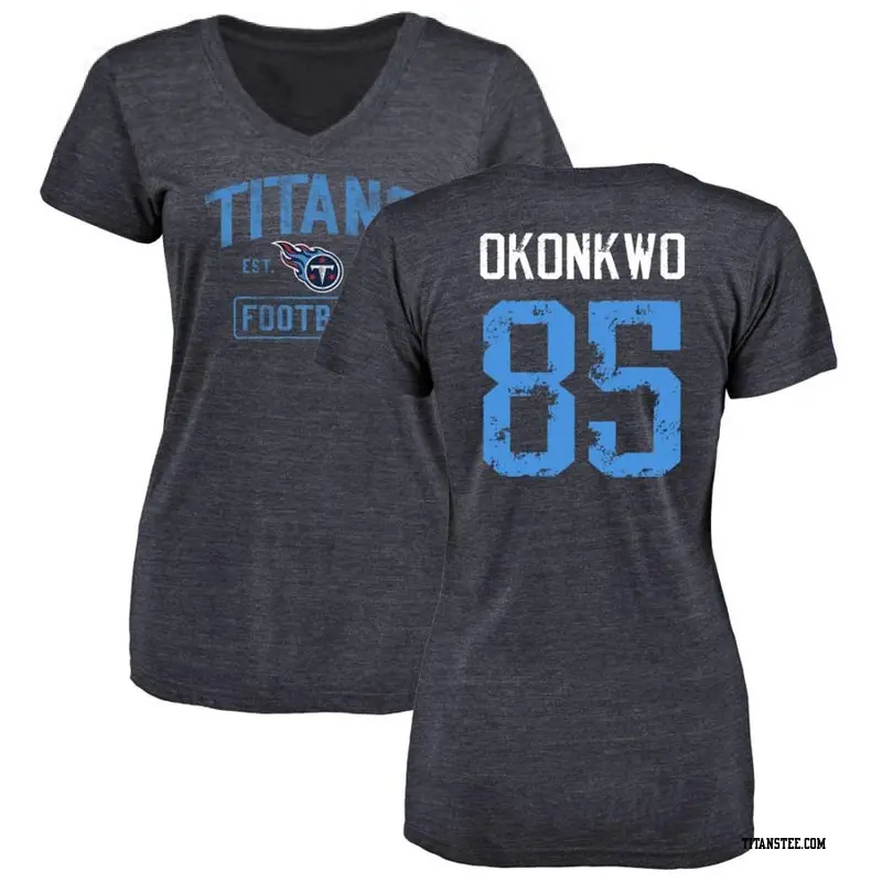 Women's Tennessee Titans ＃85 Chig Okonkwo Navy Distressed Name & Number V-Neck T-Shirt