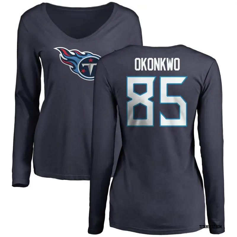 Women's Tennessee Titans ＃85 Chig Okonkwo Navy Name & Number Logo Slim Fit Long Sleeve T-Shirt