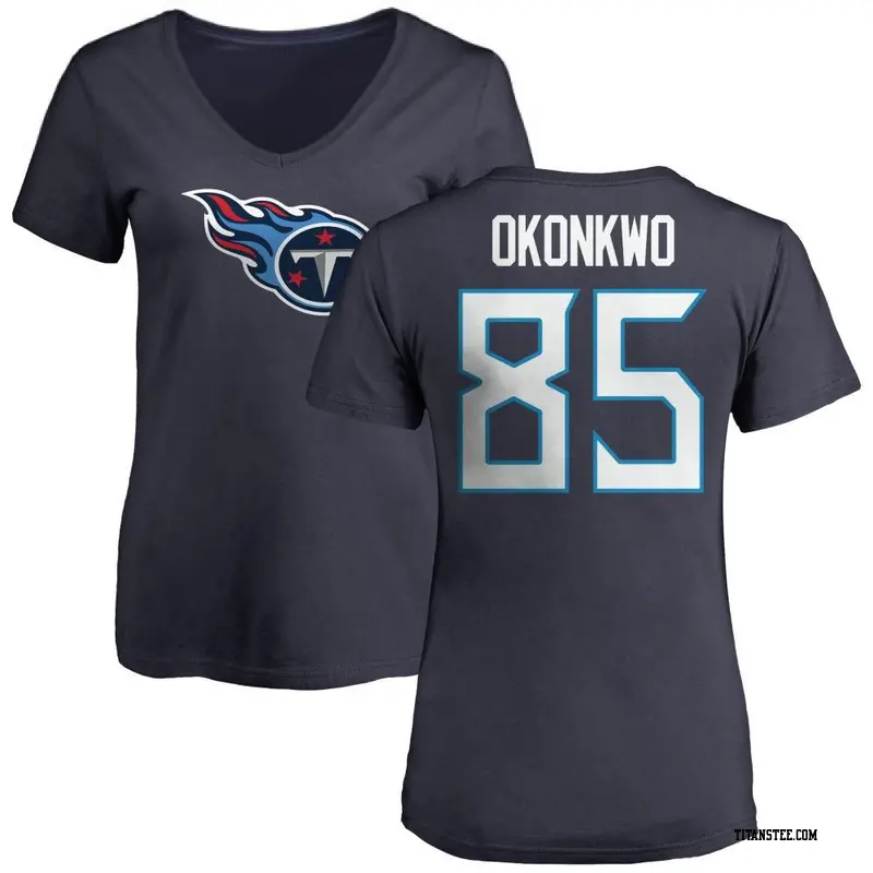 Women's Tennessee Titans ＃85 Chig Okonkwo Navy Name & Number Logo Slim Fit T-Shirt